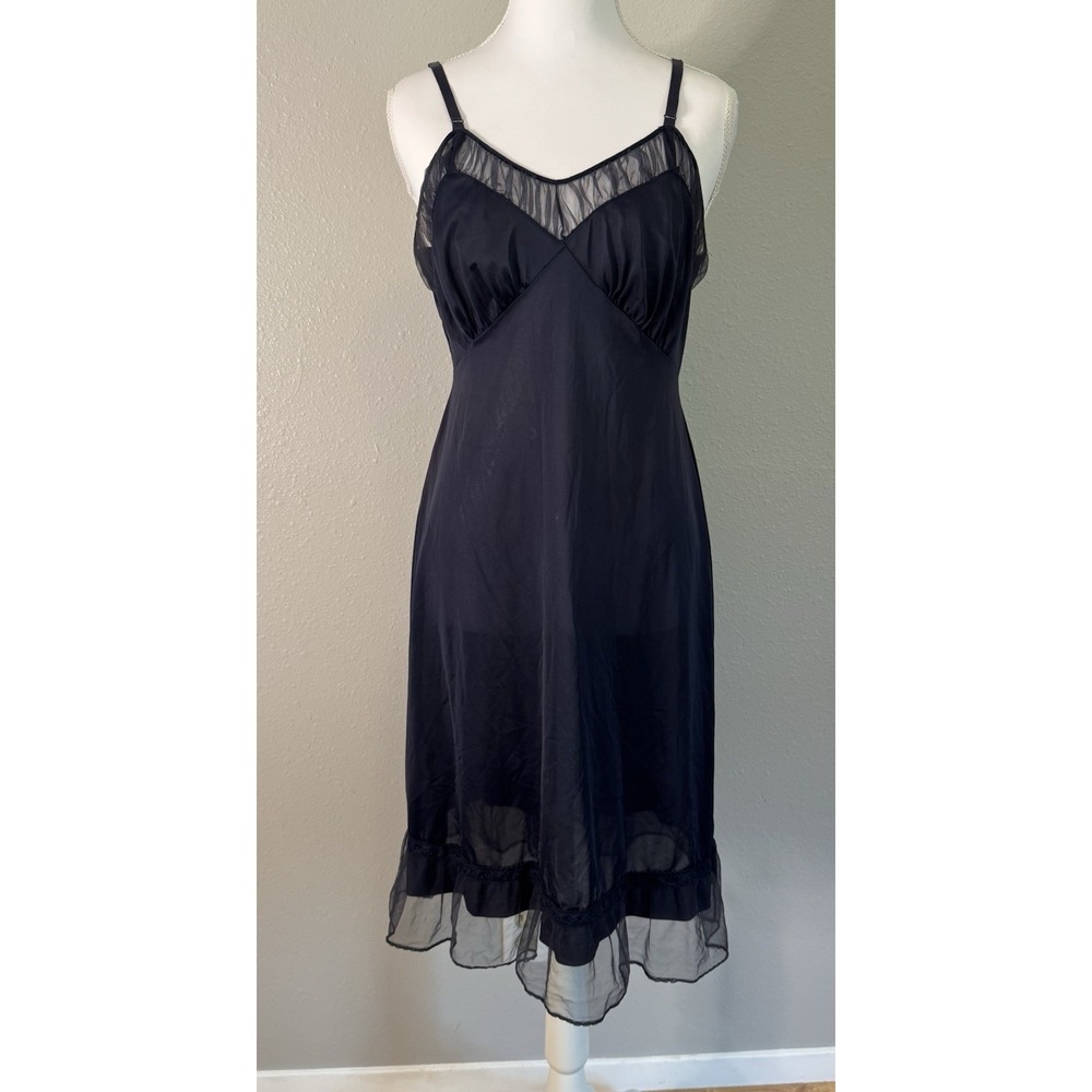 Vintage 60s-70s Charmode Navy Blue Nylon Full Slip Sheer Mesh Ruffle Lingerie 36